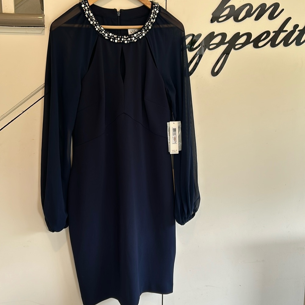 NWT NAVY/Faux Jewel Neckline Sheer Sleeves ELIZA J US 12